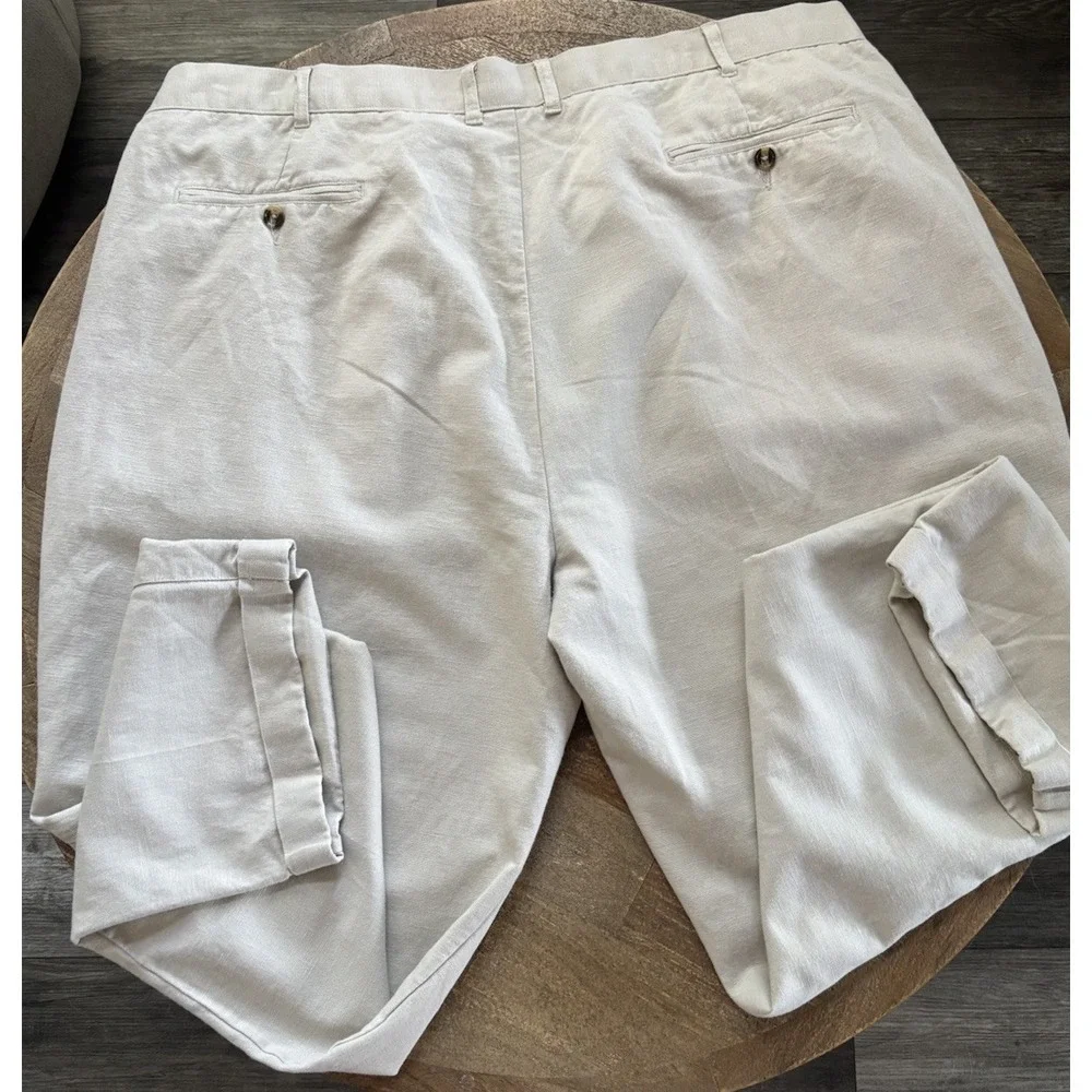 Men's 46x 32 Linen Cotton Pleated Dress Pants Beige Cuffed Irvine Park